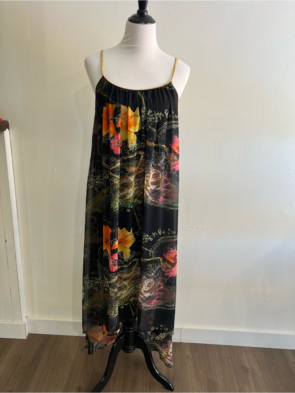 Annabelle Black Floral Maxi Slip Dress with Gold Straps